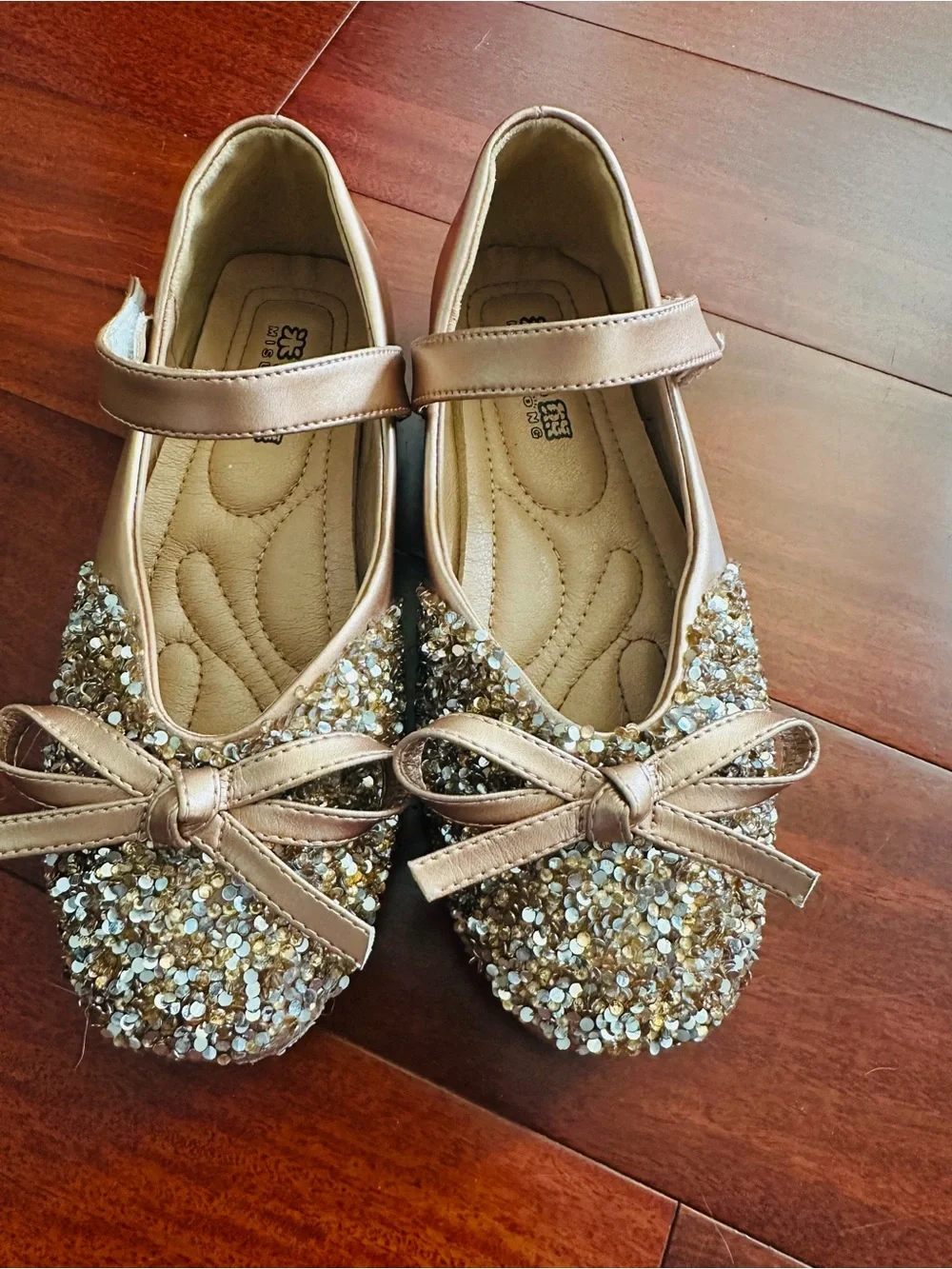 Kids Glitter Bow Mary Jane Flats - Gold